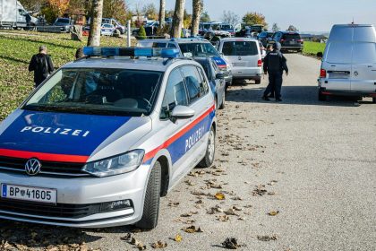 Police patrol near Rohrbach, Upper Austria, after two people were shot dead on Monday.