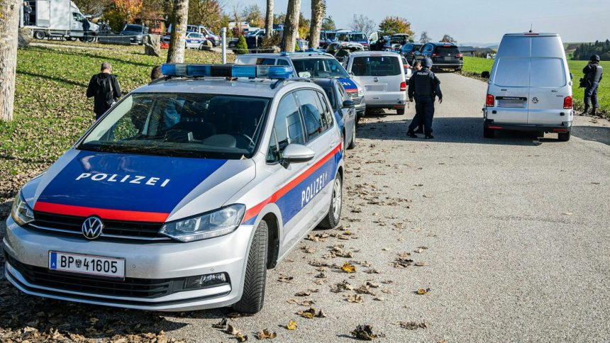 Police patrol near Rohrbach, Upper Austria, after two people were shot dead on Monday.