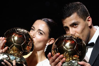 Aitana Bonmatí (left) and Rodri (right) pose with their awards during Monday's Ballon d’Or ceremony.