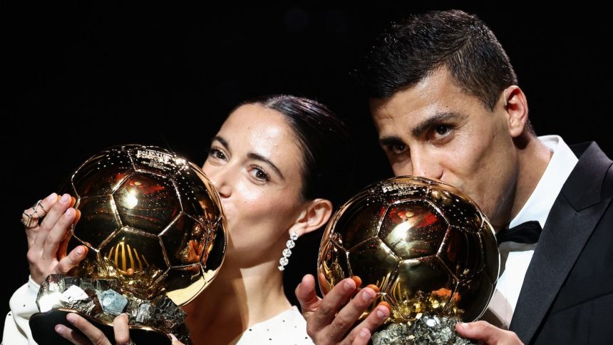 Aitana Bonmatí (left) and Rodri (right) pose with their awards during Monday's Ballon d’Or ceremony.