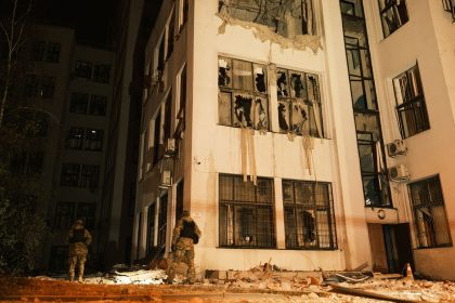 A view of the destruction of the historic Derzhprom building (The State Industry Building), in Kharkiv, Ukraine on October 28, 2024.