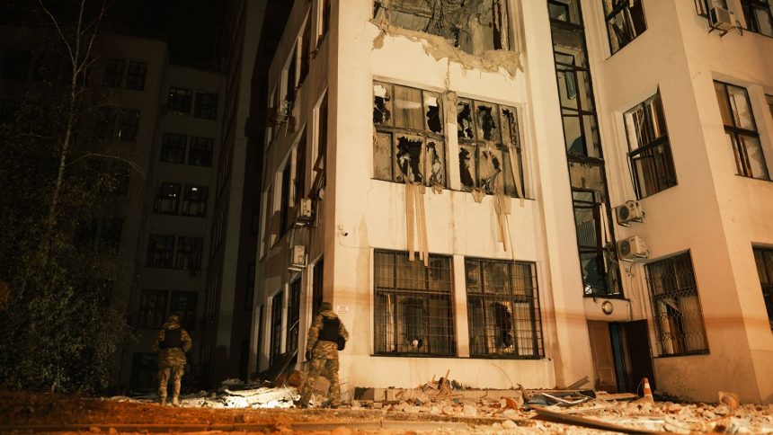 A view of the destruction of the historic Derzhprom building (The State Industry Building), in Kharkiv, Ukraine on October 28, 2024.