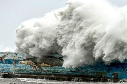 Giant waves crash over a sea wall as Typhoon Kong-rey nears the coast in Taitung, Taiwan on October 31, 2024.