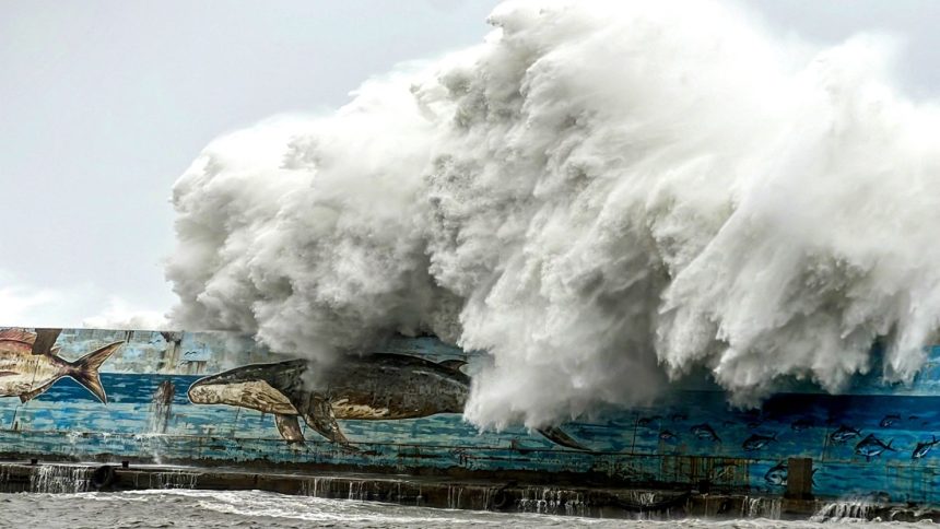 Giant waves crash over a sea wall as Typhoon Kong-rey nears the coast in Taitung, Taiwan on October 31, 2024.