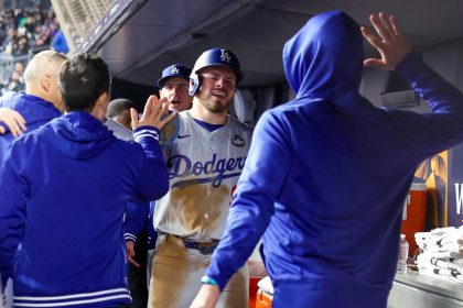 Dodgers players celebrate during Game 3 at Yankee Stadium.