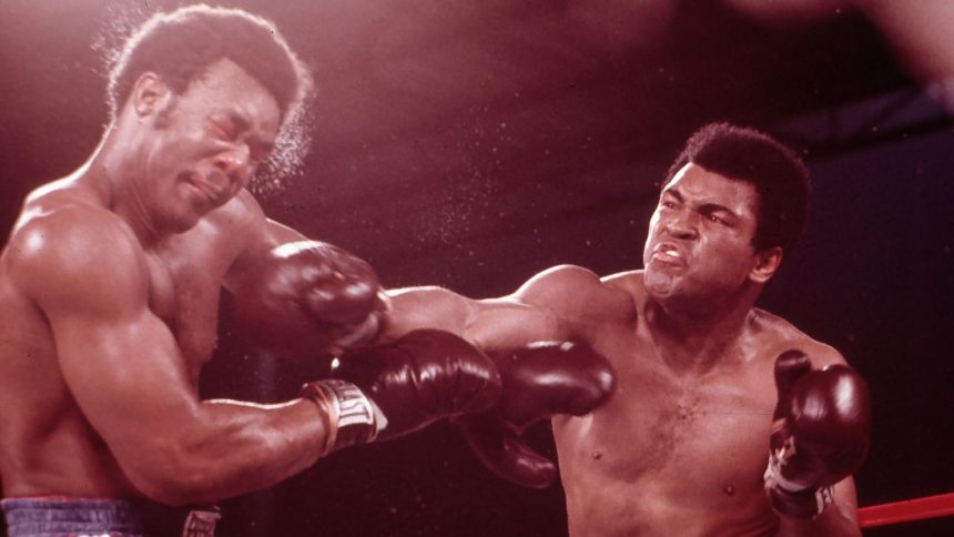 Muhammad Ali lands a blow on George Foreman during the Rumble in the Jungle in Zaire on October 30, 1974.