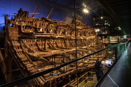 The wreckage of the Mary Rose hull is on display at The Mary Rose Museum in Portsmouth, England.