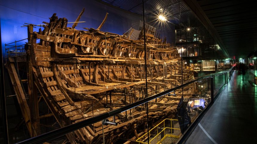 The wreckage of the Mary Rose hull is on display at The Mary Rose Museum in Portsmouth, England.