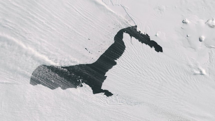 Steam fog, also known as sea smoke, along with blowing bands of snow (cottony white) are seen in contrast to the water of Pine Island Glacier in Antarctica on October 10, 2024.