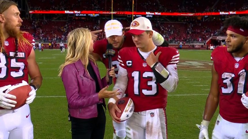 San Francisco 49ers star Nick Bosa crashes his teammates' postgame interview on NBC while wearing a MAGA hat.