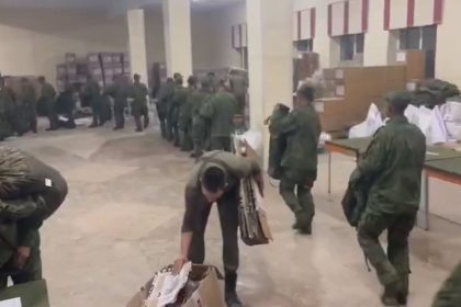 Soldiers receiving Russian uniforms and equipment at the Sergeevka Training Ground in the far east Russia