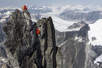 An aerial view of Tommy Caldwell and Alex Honnold on the summit of the West Cat's Ear Spire.