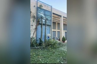 This image shows damage to the exterior of Israeli Prime Minister Benjamin Netanyahu's house in Caesarea, Israel, on October 22, 2024.