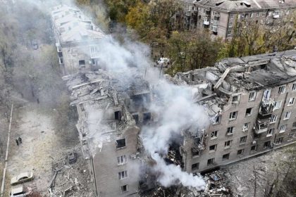 In this image provided by the Ukrainian Emergency Service on Monday, Nov. 11, 2024, a smoke rises out of an apartments building after a Russian attack in Kryvyi Rih, Ukraine. (Ukrainian Emergency Service via AP)