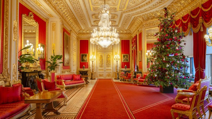 A Christmas tree in the Crimson Drawing Room – one of the most elaborate rooms in Windsor Castle, England