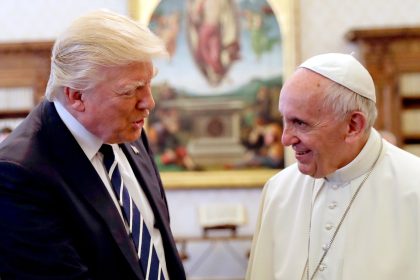 Pope Francis talks with US President Donald Trump and his wife Melania during a private audience at the Vatican, on May 24, 2017.