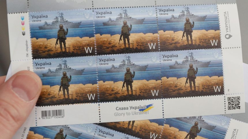 Postal stamps showing a Ukrainian service member and Russian warship depicting damaged guided missile cruiser "Moskva" (Moscow).