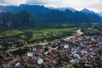 Vang Vieng and the surrounding landscape in Laos, on July 18, 2022.