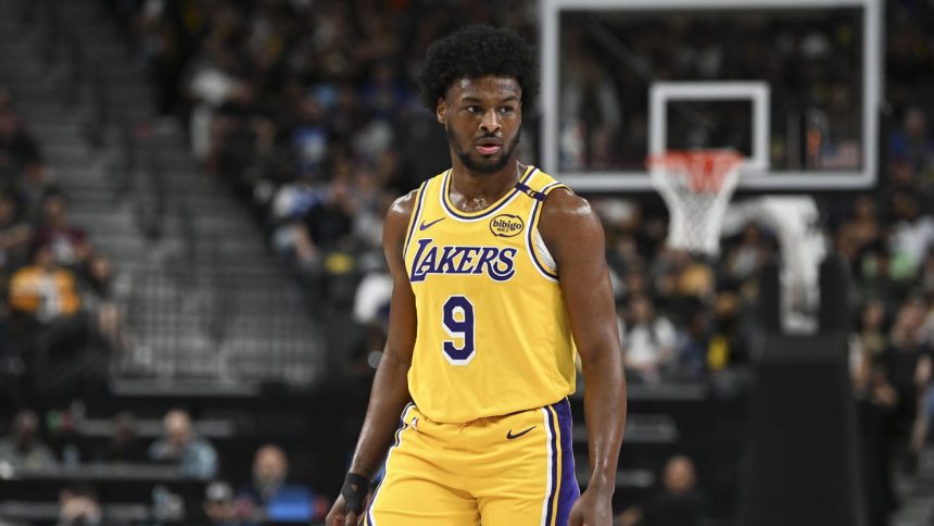 Oct 15, 2024; Las Vegas, Nevada, USA; Los Angeles Lakers guard Bronny James (9) looks on against the Golden State Warriors in the fourth quarter during a preseason game at T-Mobile Arena. Mandatory Credit: Candice Ward-Imagn Images