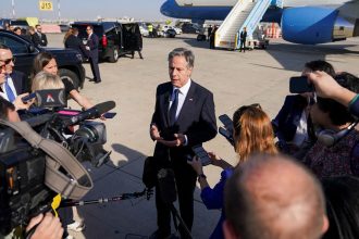 Secretary of State Antony Blinken speaks with members of the media at Ben Gurion International Airport in Tel Aviv, Israel, on October 23, 2024.