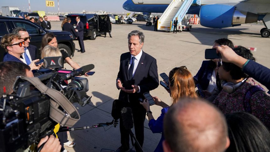 Secretary of State Antony Blinken speaks with members of the media at Ben Gurion International Airport in Tel Aviv, Israel, on October 23, 2024.