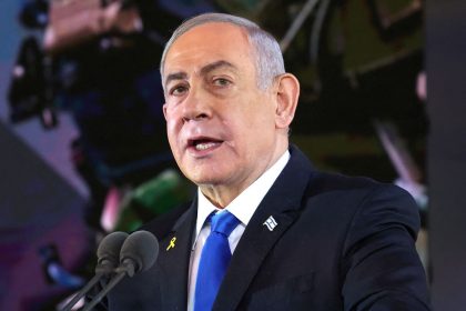 Israel's Prime Minister Benjamin Netanyahu delivers a speech during a ceremony marking the Hebrew calendar anniversary of the Hamas attack on October 7 last year that sparked the ongoing war in Gaza, at the Mount Herzl military cemetery in Jerusalem on October 27.