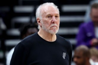 San Antonio Spurs head coach Gregg Popovich watches play against the Utah Jazz last month.