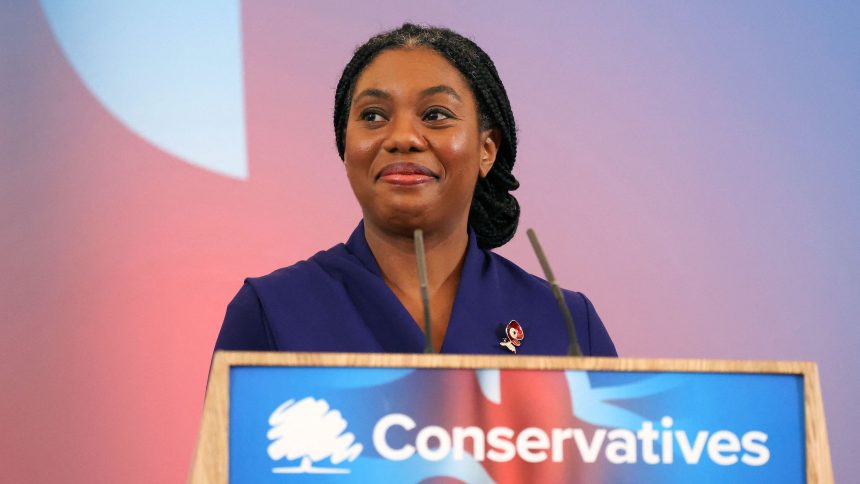 Kemi Badenoch speaks on stage, on the day she was announced as the new leader of Britain's Conservative Party, in London, on November 2, 2024.