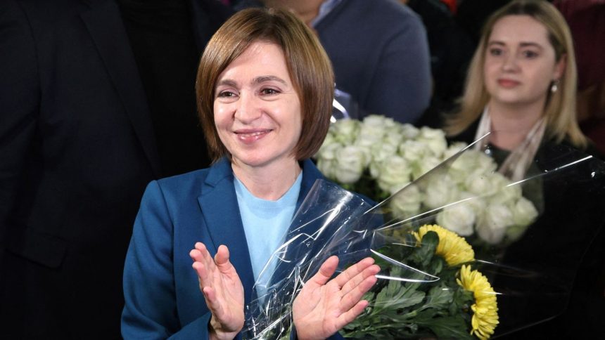 Moldova's incumbent President and presidential candidate Maia Sandu celebrates with her supporters following the announcement of the preliminary results of the second round of the presidential election, at her campaign headquarters in Chisinau, Moldova November 3, 2024.