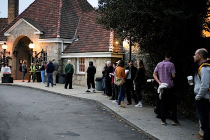 People line up to vote in the 2024 U.S. presidential election on Election Day at Park Tavern in Atlanta, Georgia, on November 5, 2024.