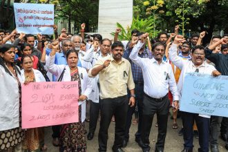 Doctors stage a protest demanding security and the safety of doctors, at Rajiv Gandhi Government General Hospital in Chennai.