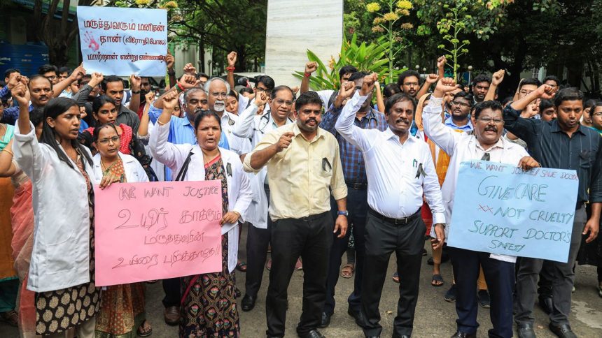 Doctors stage a protest demanding security and the safety of doctors, at Rajiv Gandhi Government General Hospital in Chennai.