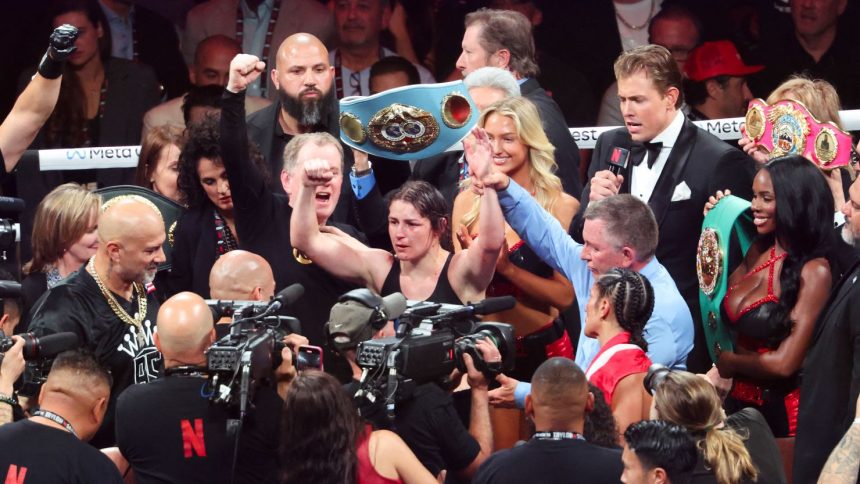 Katie Taylor celebrates her win against Amanda Serrano to retain her undisputed world light-welterweight champion status.