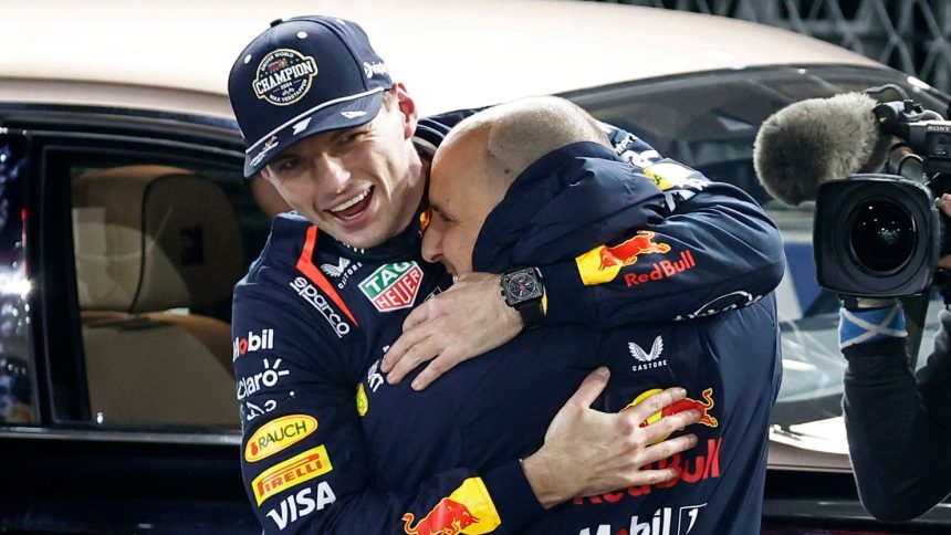 Red Bull's Max Verstappen celebrates after winning the 2024 F1 world championship title at the Las Vegas Grand Prix.