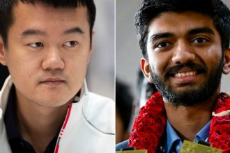 Ding Liren (left) is seeking to defend his world title against Gukesh Dommaraju.