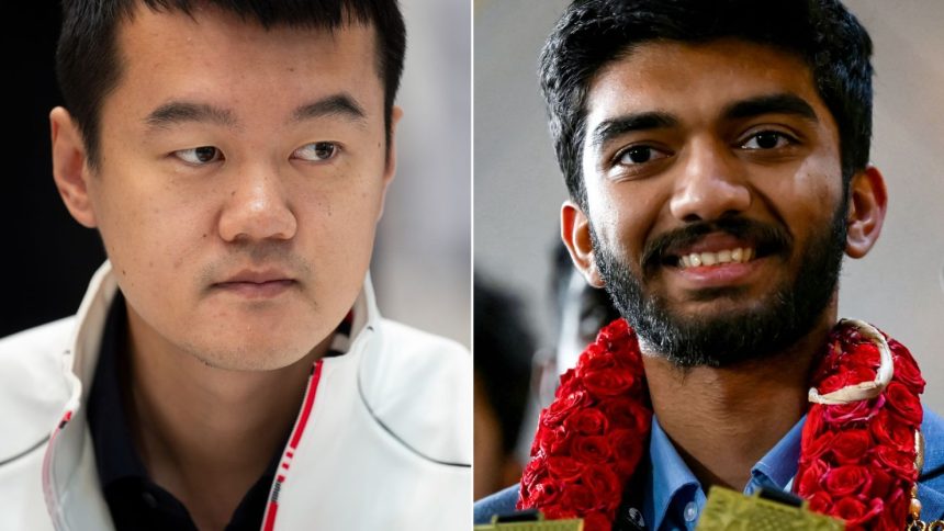 Ding Liren (left) is seeking to defend his world title against Gukesh Dommaraju.