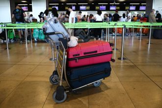 Luggages are seen at the Barajas Airport in Madrid on July 1, 2022. (Photo by Jakub Porzycki/NurPhoto via Getty Images)