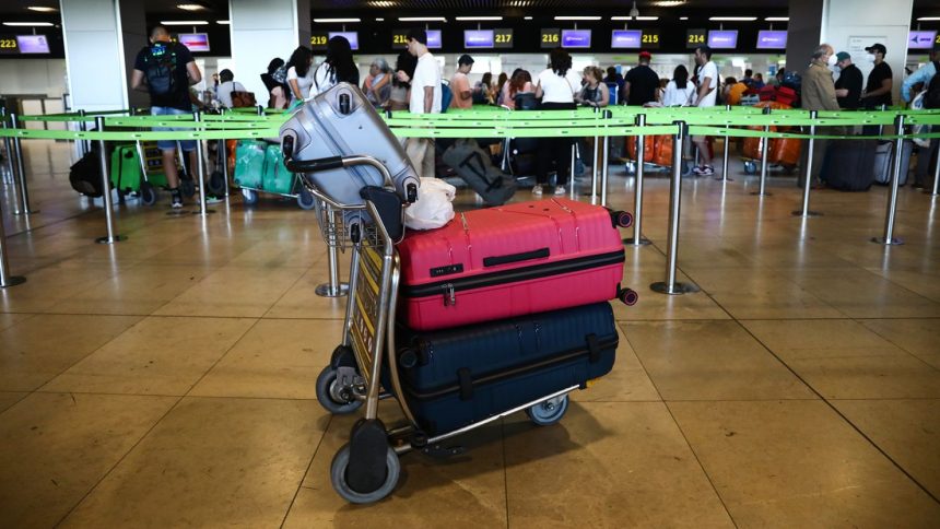 Luggages are seen at the Barajas Airport in Madrid on July 1, 2022. (Photo by Jakub Porzycki/NurPhoto via Getty Images)