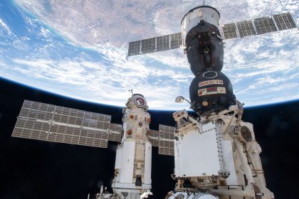 Russia's Nauka module is seen docked to the Zvezda module's Earth-facing port on the International Space Station on July 29, 2021. The Soyuz MS-18 crew ship (center) is docked to the Rassvet module.