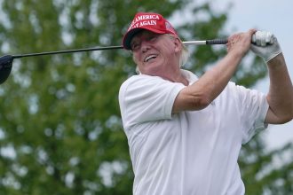 Former President Donald Trump plays during the pro-am round of the Bedminster Invitational LIV Golf tournament in New Jersey on July 28, 2022.