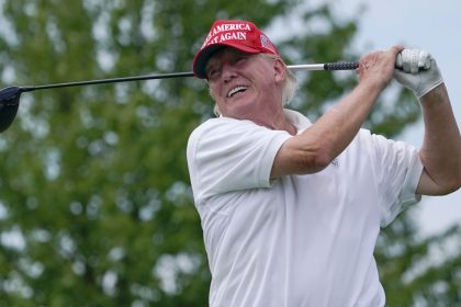 Former President Donald Trump plays during the pro-am round of the Bedminster Invitational LIV Golf tournament in New Jersey on July 28, 2022.