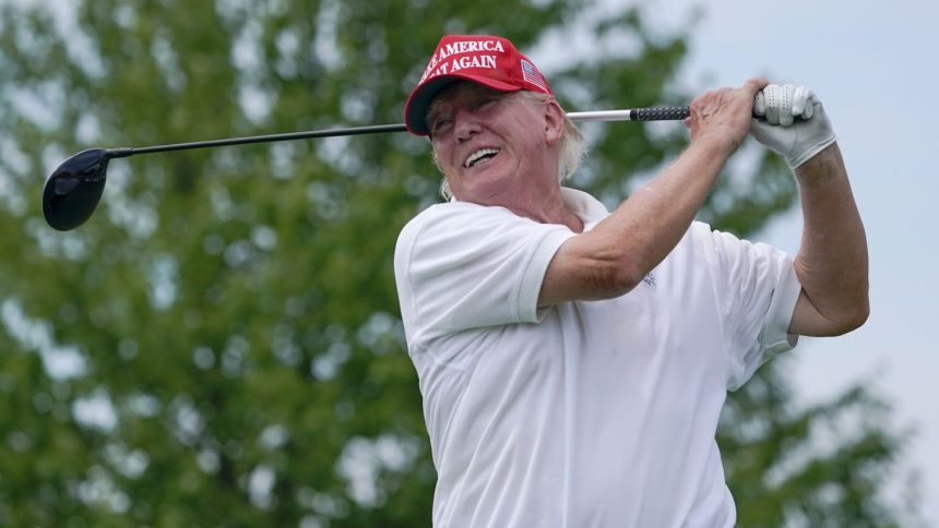 Former President Donald Trump plays during the pro-am round of the Bedminster Invitational LIV Golf tournament in New Jersey on July 28, 2022.