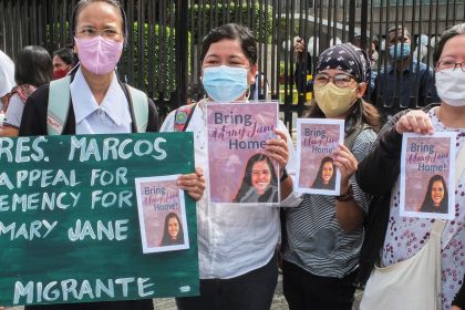 Protest groups stage a prayer rally in Pasay, Philippines for Mary Jane Veloso, a Filipino who was sentenced to death for smuggling heroin into Indonesia, on September 6, 2022.