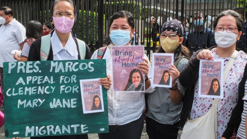 Protest groups stage a prayer rally in Pasay, Philippines for Mary Jane Veloso, a Filipino who was sentenced to death for smuggling heroin into Indonesia, on September 6, 2022.