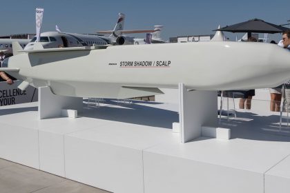 A Storm Shadow cruise missile is seen on display at the company's booth at the International Paris Air Show 2023 at the Le Bourget Airport.