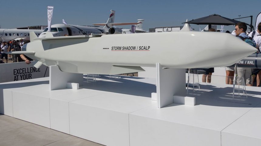 A Storm Shadow cruise missile is seen on display at the company's booth at the International Paris Air Show 2023 at the Le Bourget Airport.