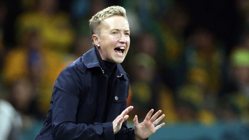 FILE - Canada's head coach Bev Priestman gestures during the Women's World Cup Group B soccer match between Australia and Canada in Melbourne, Australia, Monday, July 31, 2023. FIFA deducted six points from Canada in the Paris Olympics women’s soccer tournament and banned three coaches, including Priestman, for one year each on Saturday, July 27, 2204, in a drone spying scandal. (AP Photo/Hamish Blair, File)