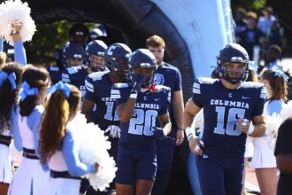 Columbia Lions players head out onto the field before the start of the NCAA football game against the Princeton Tigers at Robert K. Kraft Field at Lawrence A. Wien Stadium in New York, N.Y., on October 5, 2024. (Photo by Gordon Donovan/NurPhoto via AP)