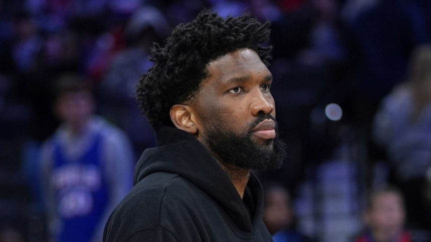 Philadelphia 76ers' Joel Embiid after an NBA basketball game in Philadelphia, Pennsylvania, on November 2, 2024.