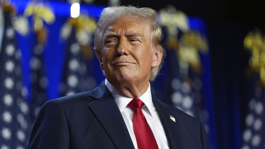 Republican presidential nominee former President Donald Trump arrives at an election night watch party at the Palm Beach Convention Center, Wednesday, Nov. 6, 2024, in West Palm Beach, Fla.